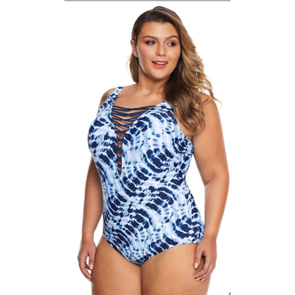 BUY 1 GET 1 FREE - Plus Size Blue Neck Detail One Piece Swimsuit